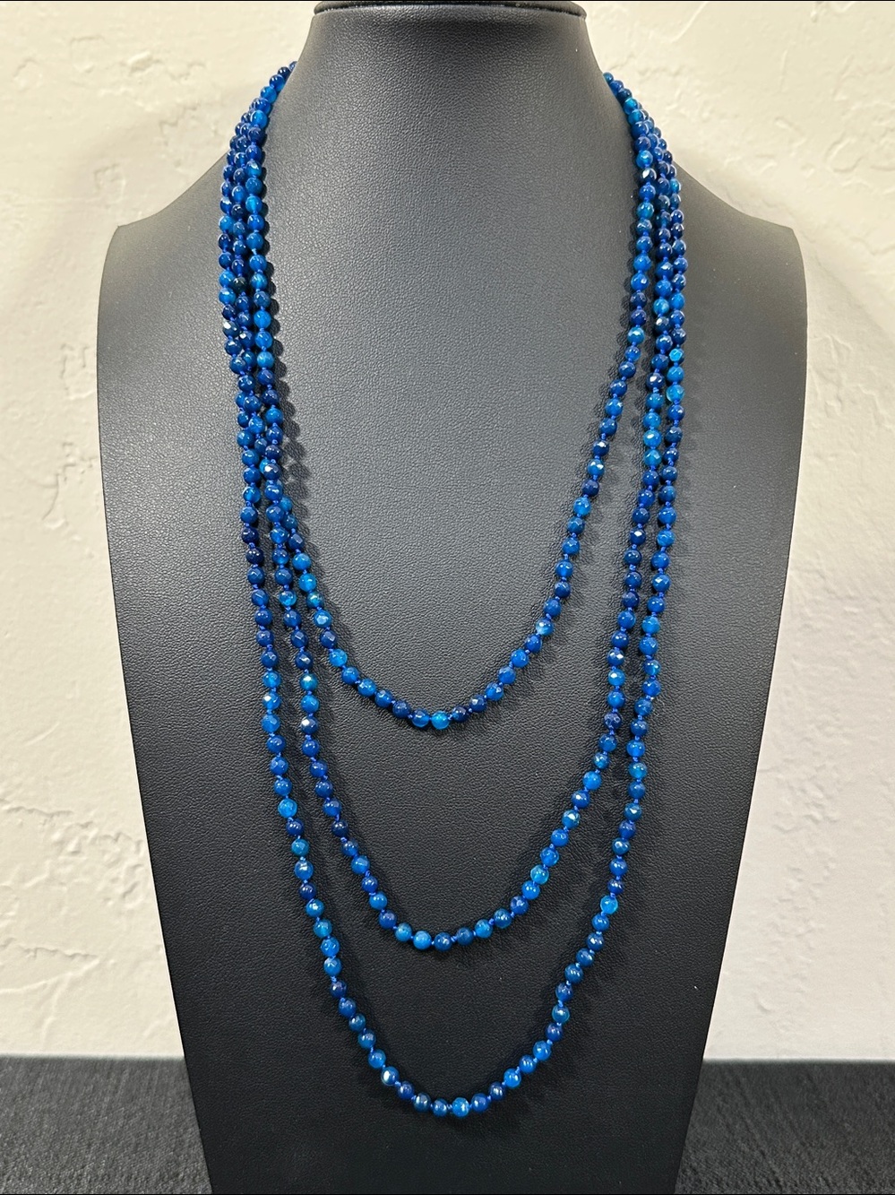 Blue Agate 4mm Faceted Artisan Hand Knotted Opera Rope Vintage Necklace